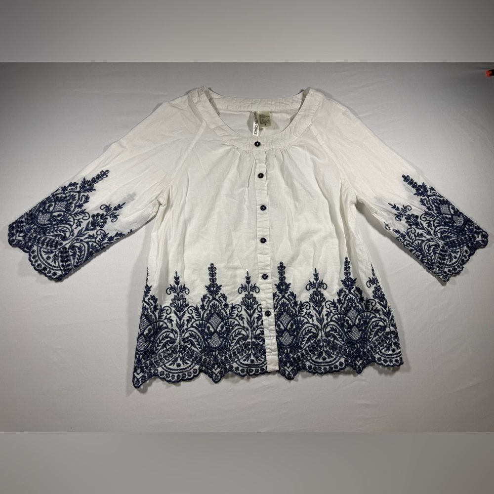 White Button-Front Peasant Blouse with Navy Embroidery boho summer